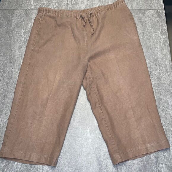 Orvis Sz Small 6 8 100% Linen Wide Leg Cropped Pants Brown Tan Beachy Comfort - Picture 1 of 10